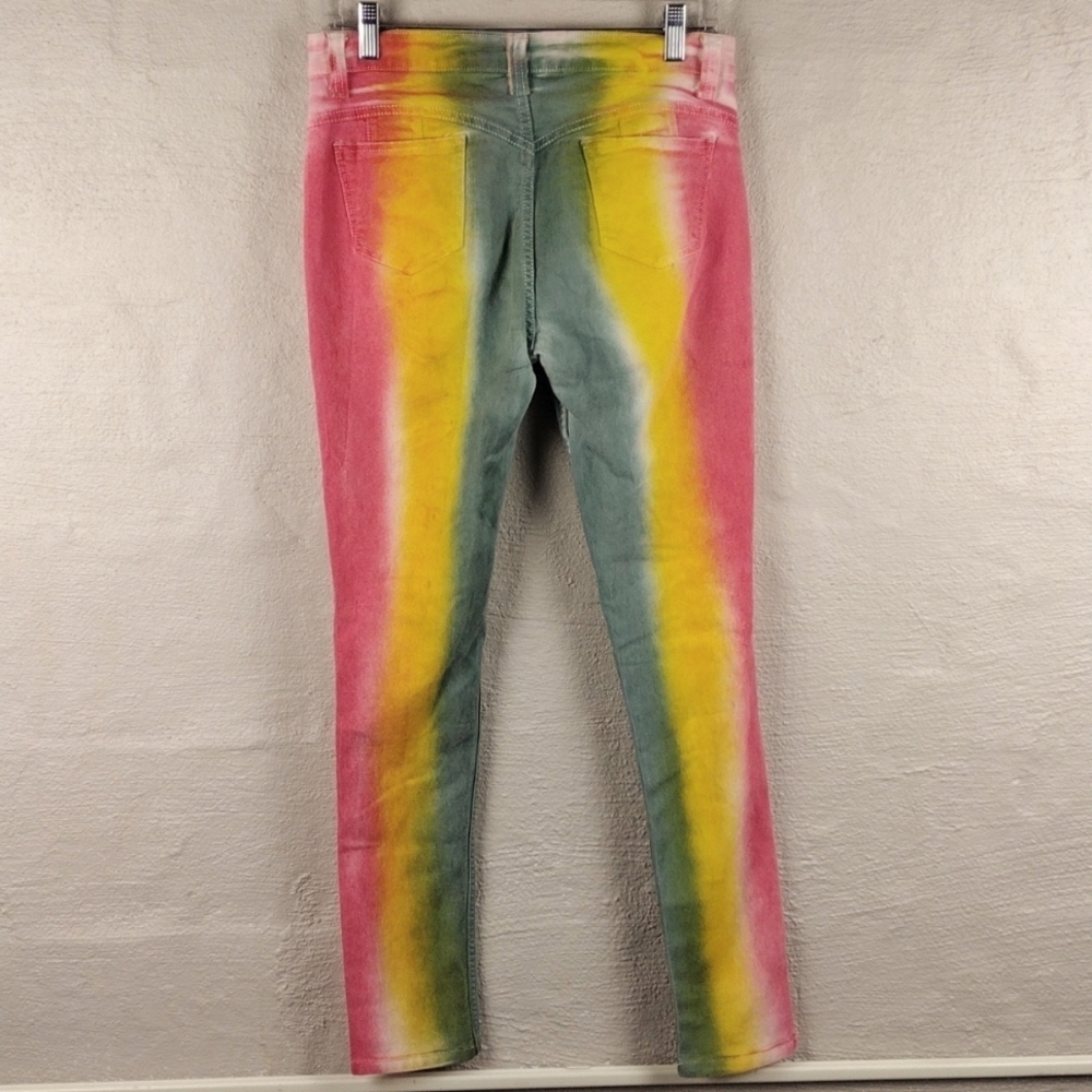 Go Glory Pink Yellow Tie-Dye Mid Rise Button Zip Ripped Skinny Colored Jeans - Picture 12 of 16